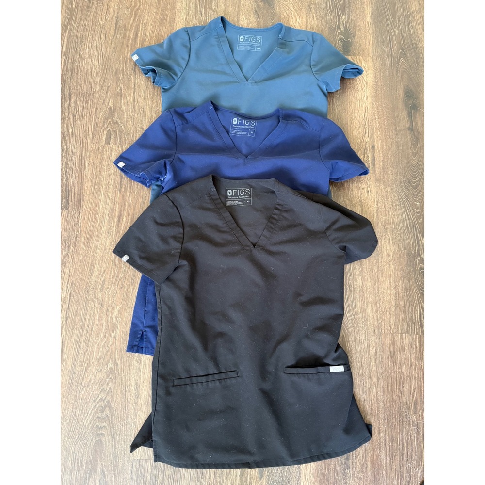 FIGS Technical Collection Scrub Tops Lot of 3 Black Navy Blue XS XXS V-Neck
